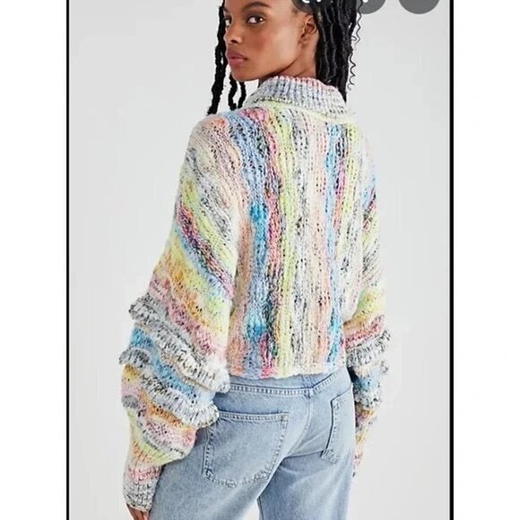 Free People Burst Your Bubble Turtleneck Knit Sweater Confetti Size S NEW Ruffle - Picture 2 of 7